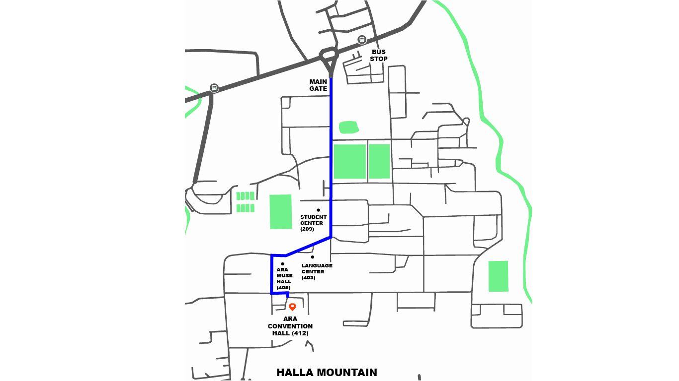 Walking map from Jeju National University Main Gate and bus stop to ARA Convention Hall