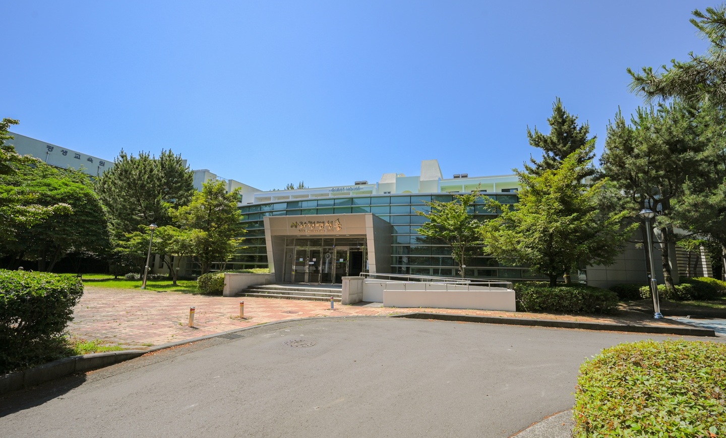Ground-level view of the main entrance to ARA Convention Hall