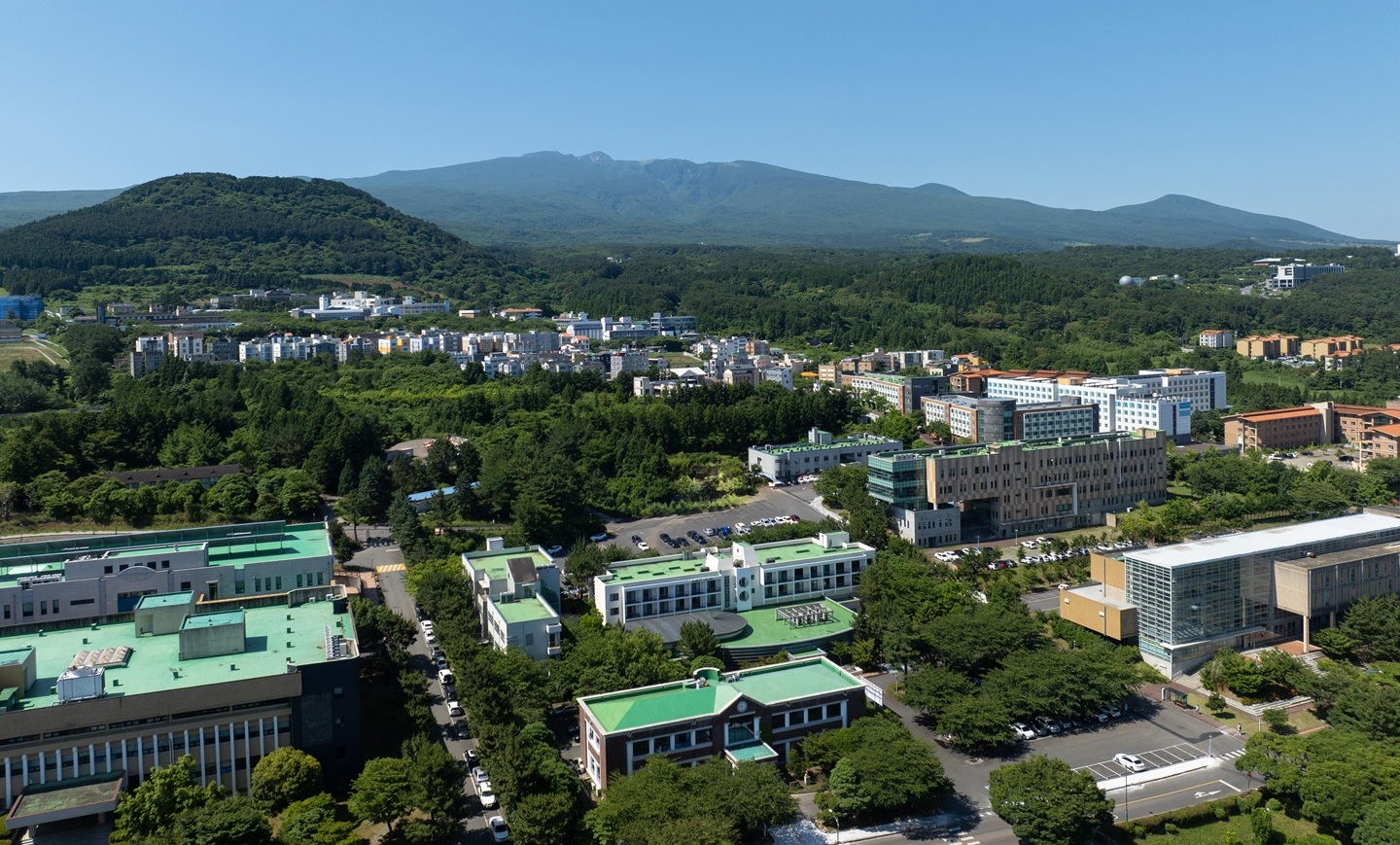 Aerial view of Jeju National University campus with ARA Convention Hall near the center foreground
